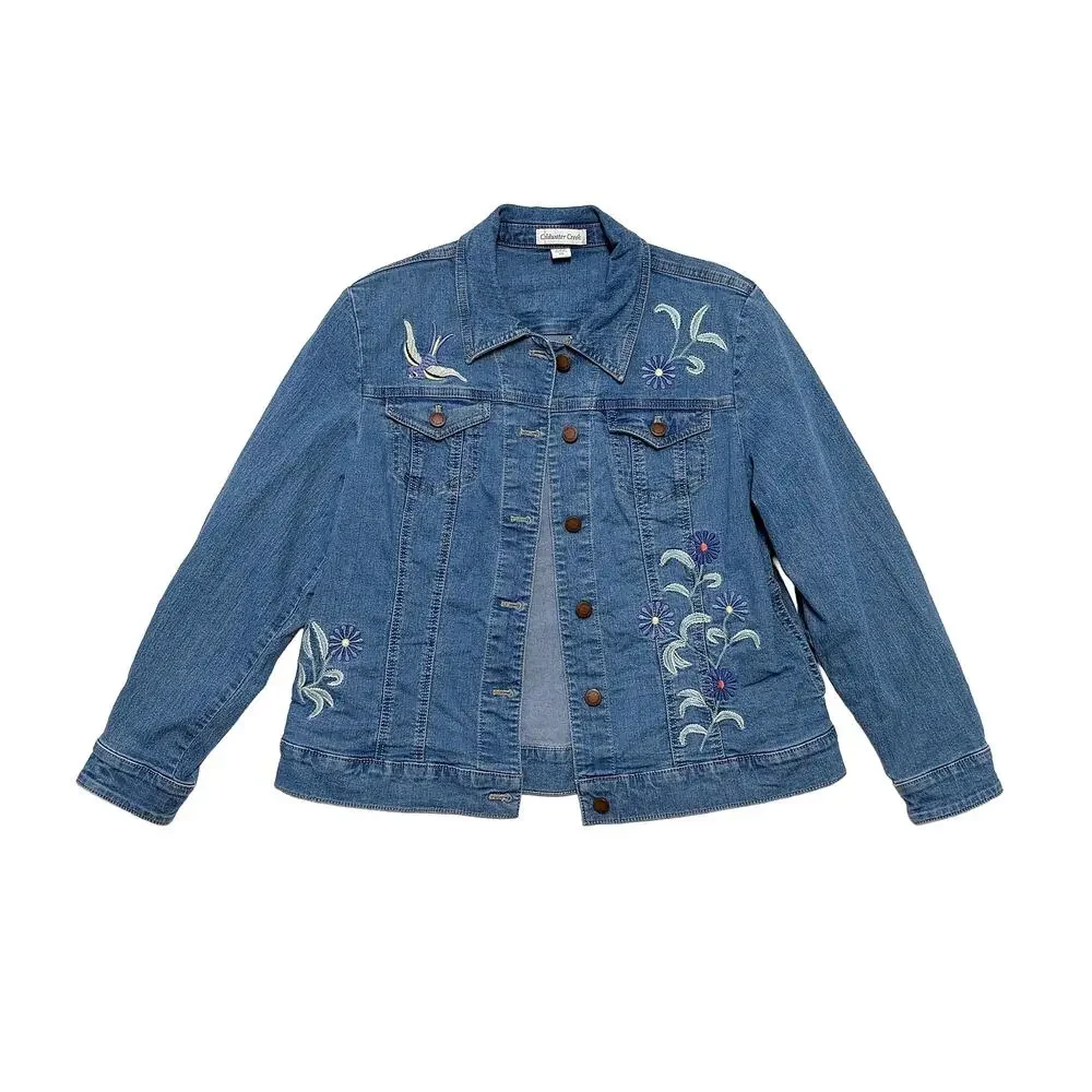 Coldwater Creek Embroidered Denim Jacket Women S Petite Boho Cottagecore Floral